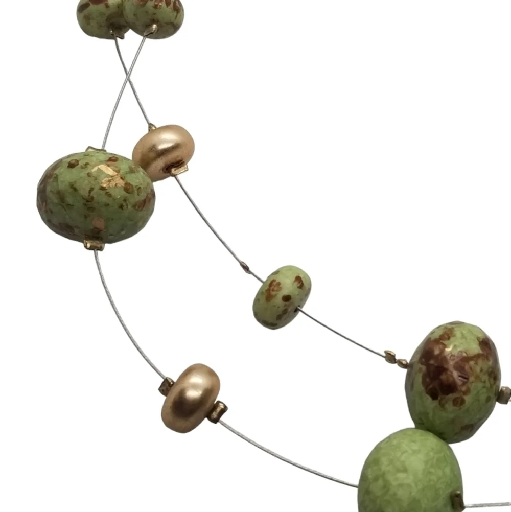 Vintage Artisan Clay Bead Illusion Necklace - Sage Green & Bronze Double Strand